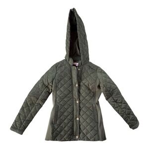 C I SONO Kids Olive Quilted Hooded Jacket Size M 10 Zip‎ Snap Pockets